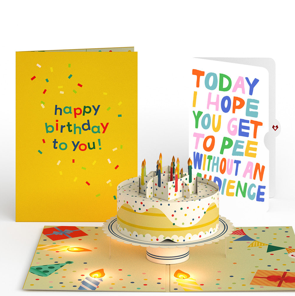 Happy Birthday Confetti Cake Music and Lights Pop-Up Card and Parenthood Humor Sentiment Set