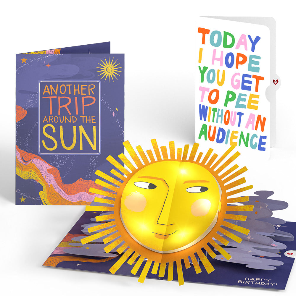Another Trip Around the Sun Birthday Light-Up Pop-Up Card and Parenthood Humor Sentiment Set