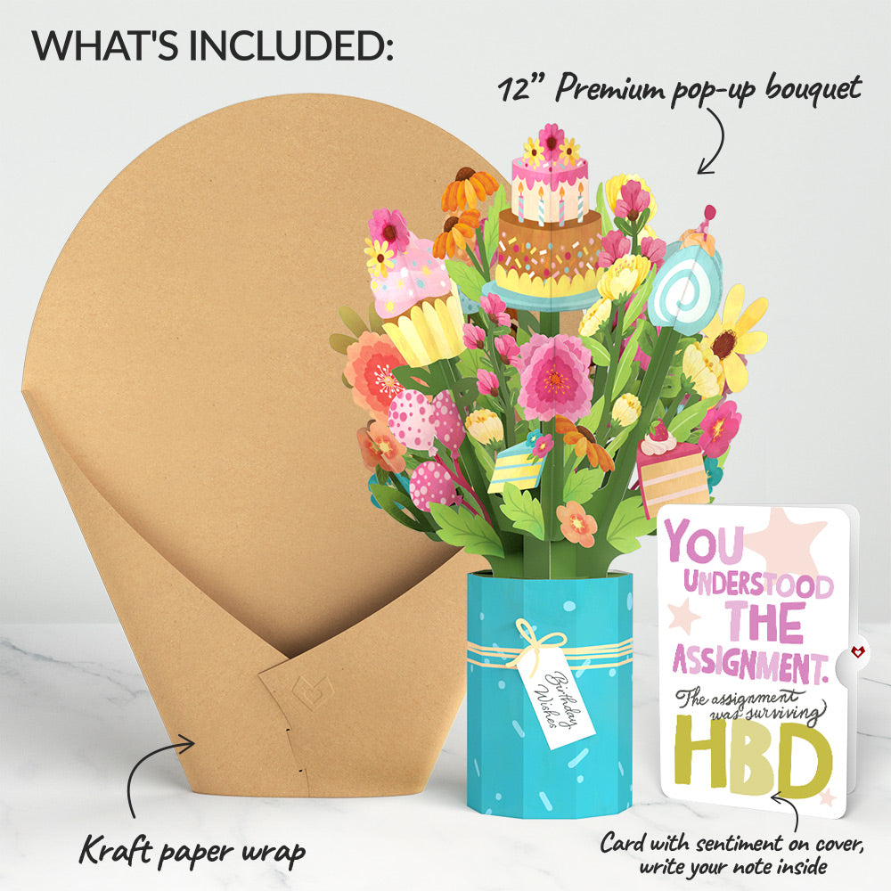 Sweet Birthday Wishes Bouquet and Surviving Assignment Sentiment Set
