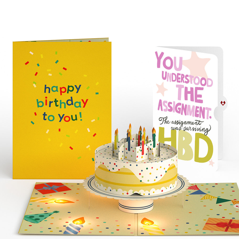 Happy Birthday Confetti Cake Music and Lights Pop-Up Card and Surviving Assignment Sentiment Set