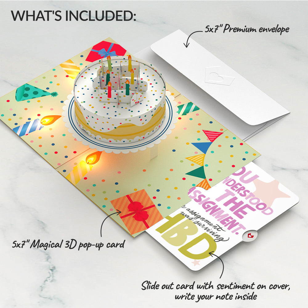 Happy Birthday Confetti Cake Music and Lights Pop-Up Card and Surviving Assignment Sentiment Set