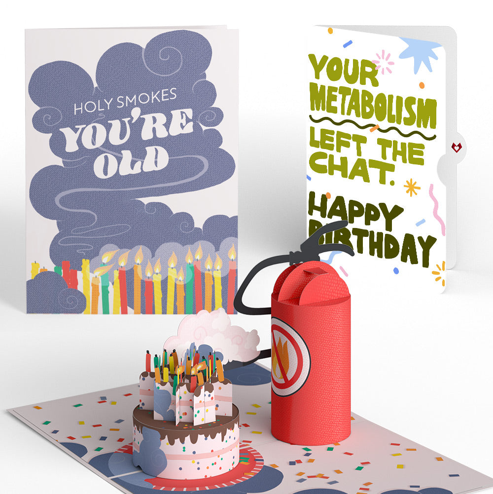 Holy Smokes You're Old Birthday Pop-Up Card and Metabolism Left The Chat Sentiment Set