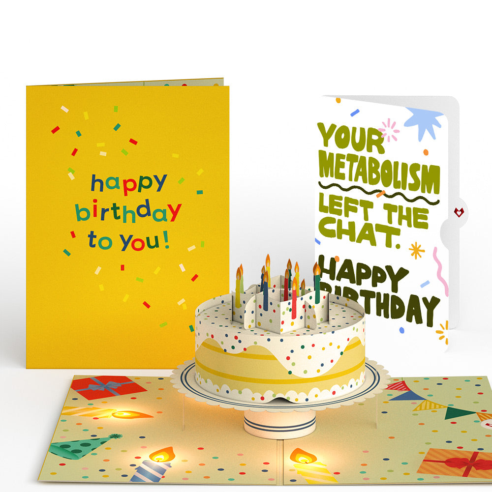 Happy Birthday Confetti Cake Music and Lights Pop-Up Card and Metabolism Left The Chat Sentiment Set