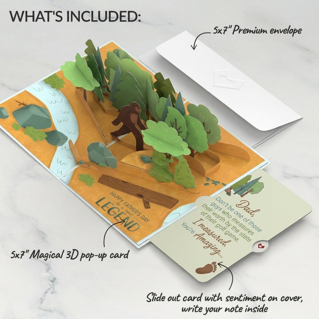 Father's Day Bigfoot Legend Pop-Up Card and Golf Measure Amazing Sentiment Set for Dad
