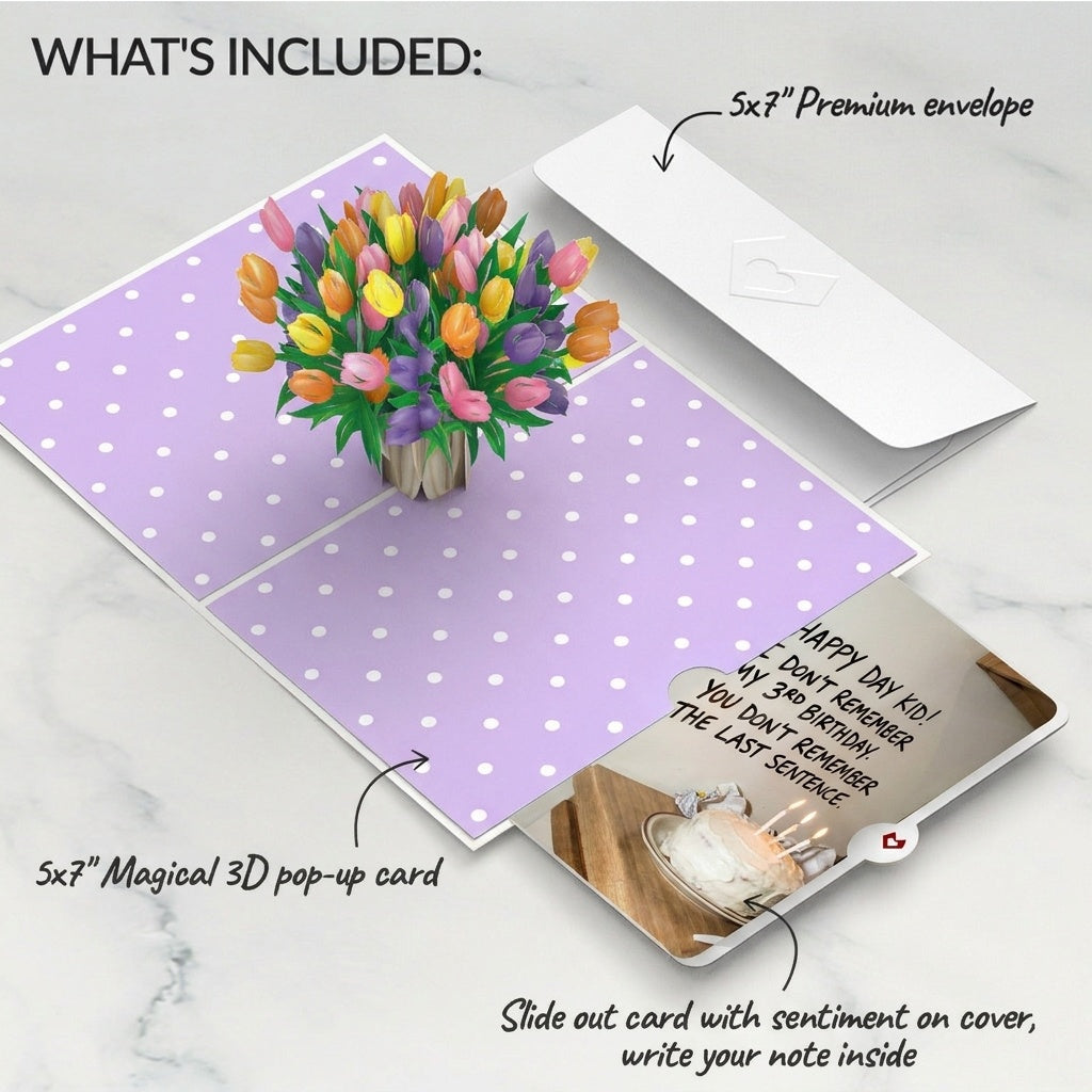 Timeless Tulips 3rd Birthday Pop-Up Card and Memory Gap Sentiment Set for Kid