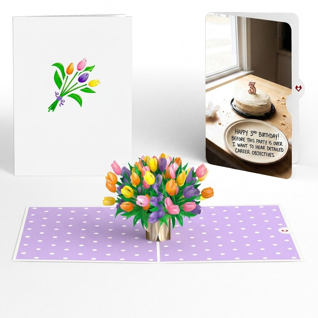 Timeless Tulips 3rd Birthday Pop-Up Card and Cake Career Objectives Sentiment Set