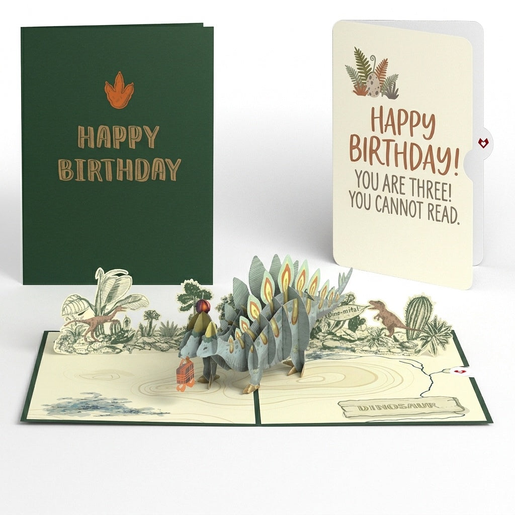 Happy 3rd Birthday Stegosaurus Pop-Up Card and Dinosaur Cannot Read Sentiment Set