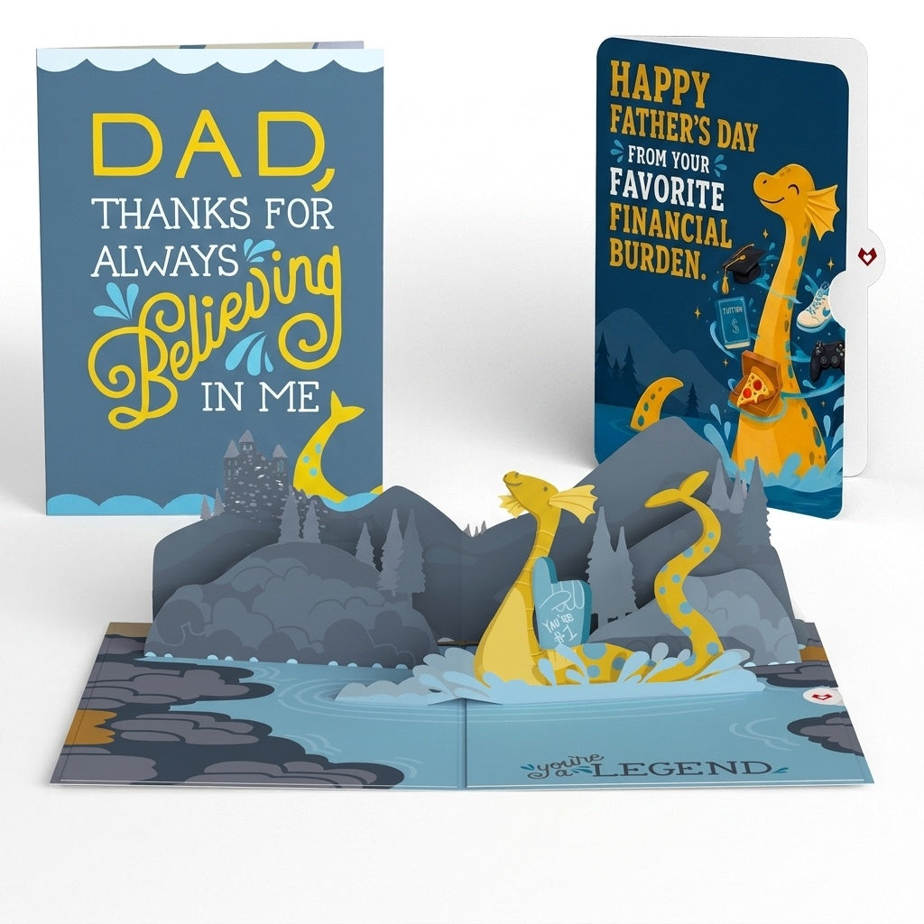 Dad You're a Legend Loch Ness Monster Father's Day Pop-Up Card and Favorite Financial Burden Sentiment Set