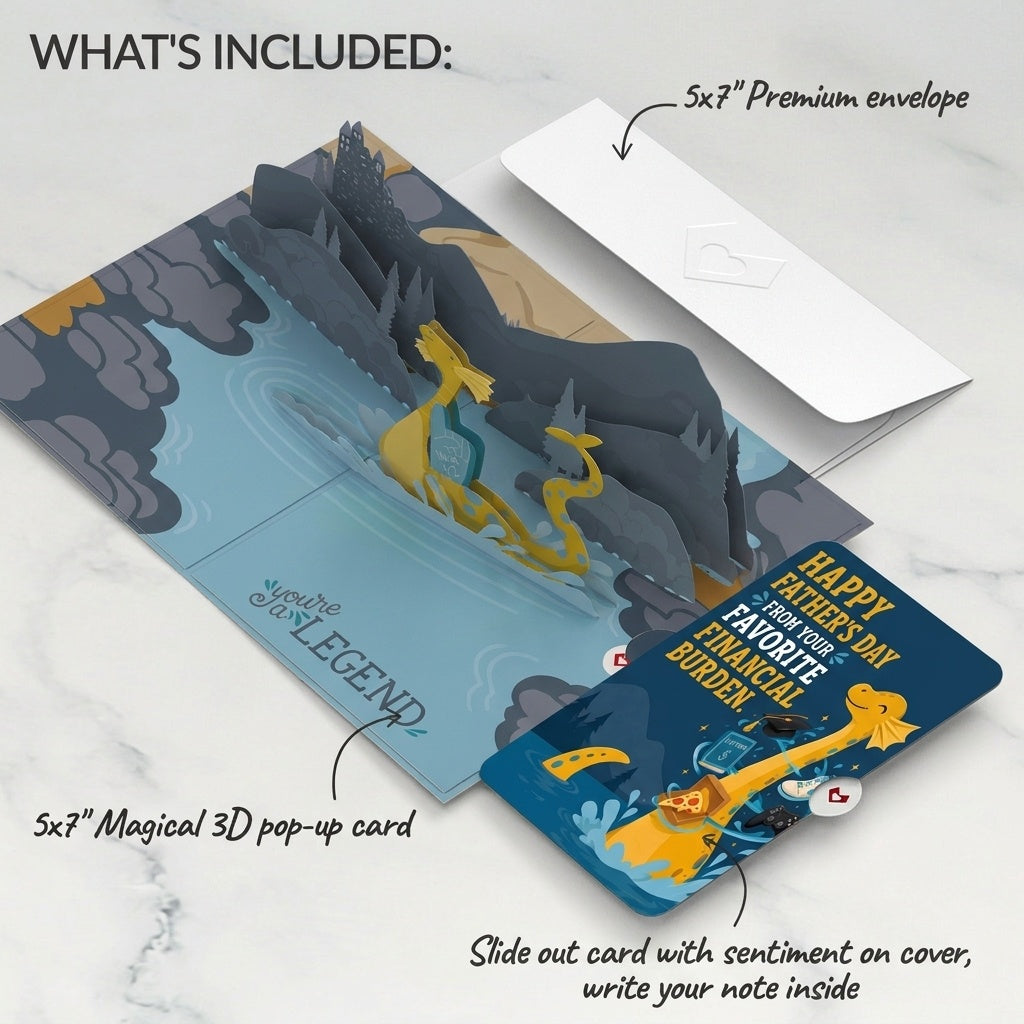 Dad You're a Legend Loch Ness Monster Father's Day Pop-Up Card and Favorite Financial Burden Sentiment Set
