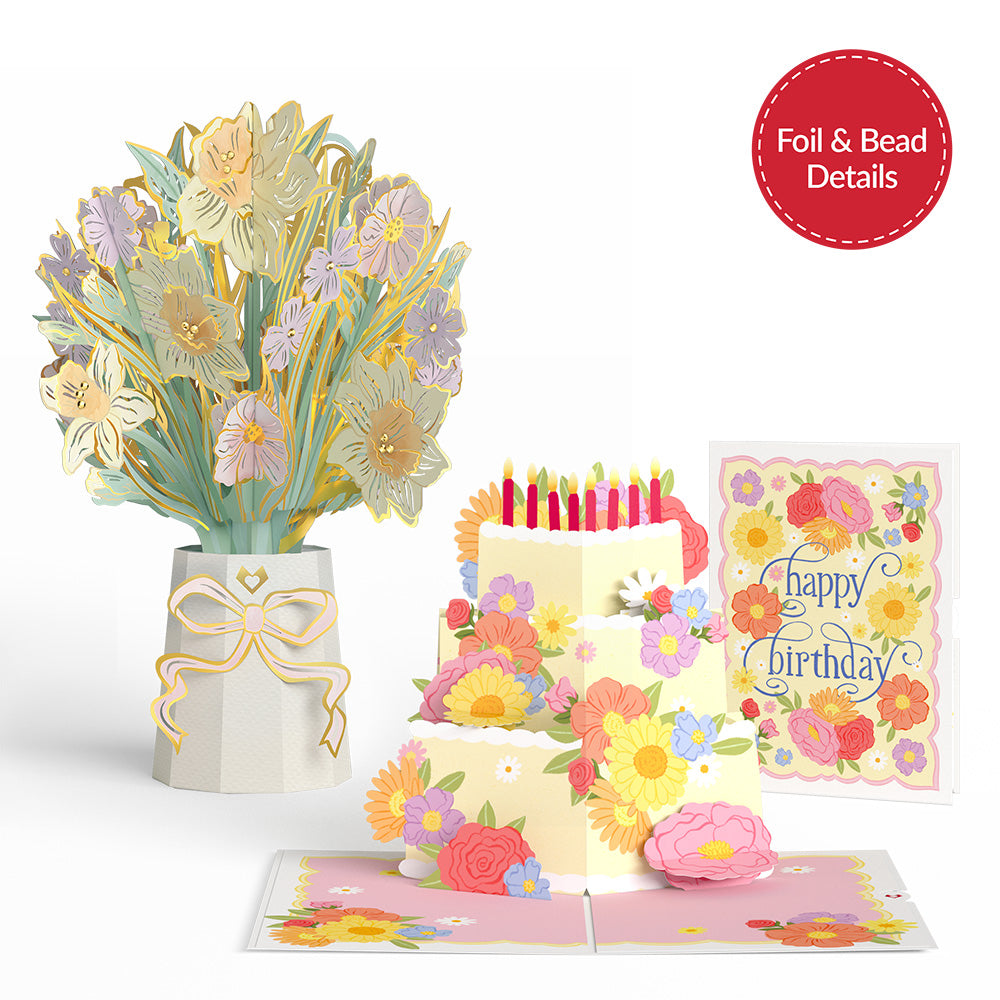 Full Bloom Birthday Cake Pop-Up Card & Luxe Bouquet Bundle