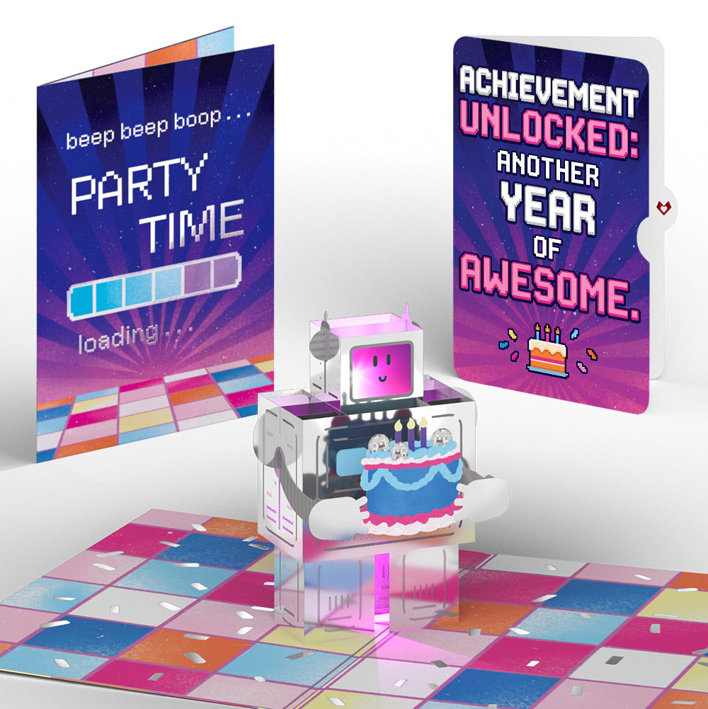 Robot Birthday Party Music and Lights Pop-Up Card and Achievement Unlocked Sentiment Set
