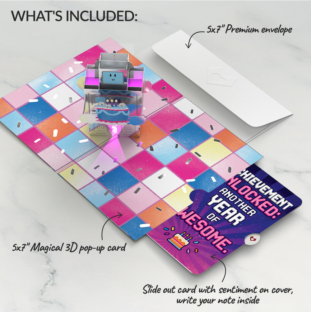 Robot Birthday Party Music and Lights Pop-Up Card and Achievement Unlocked Sentiment Set
