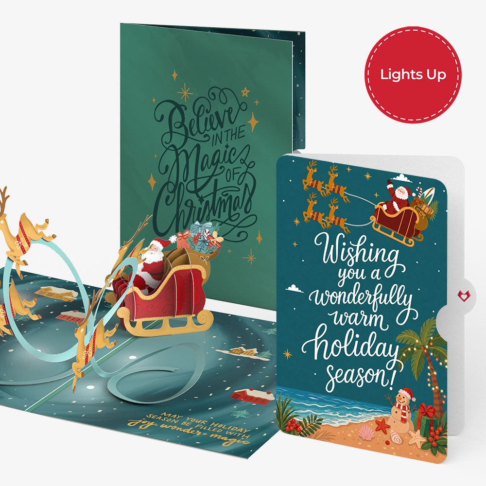 Magic of Christmas Santa's Sleigh Light-Up Pop-Up Card and Tropical Holiday Sentiment Set