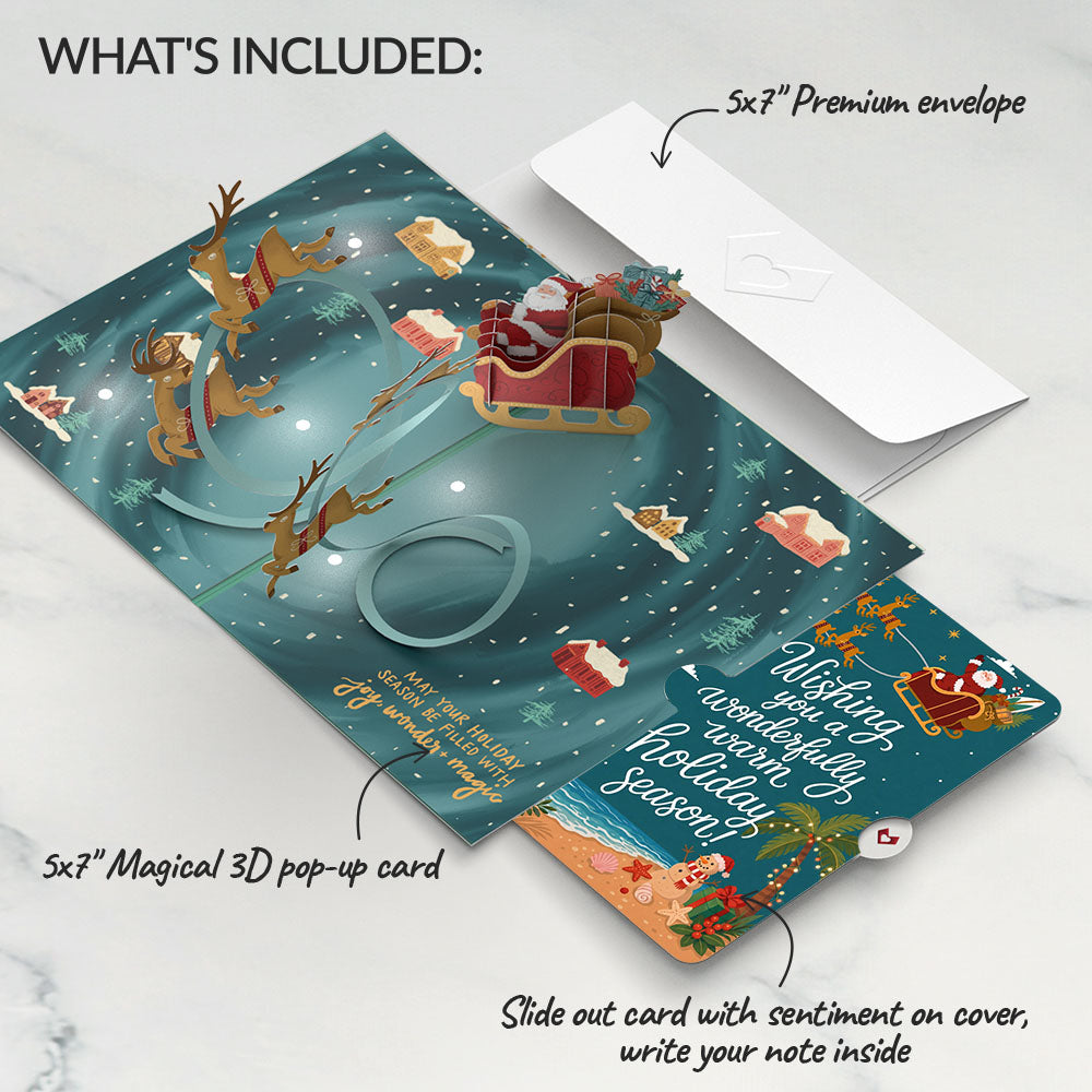 Magic of Christmas Santa's Sleigh Light-Up Pop-Up Card and Tropical Holiday Sentiment Set