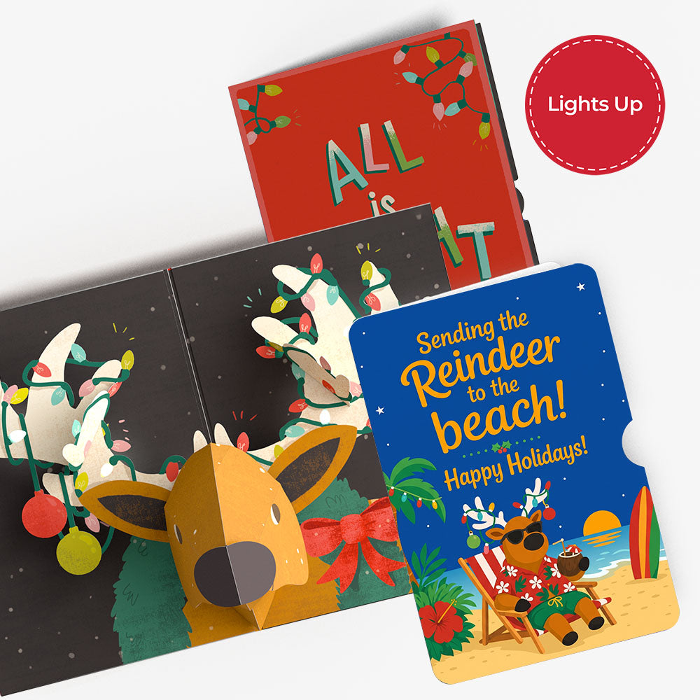 All Is Bright Holiday Reindeer Christmas Light-Up Pop-Up Card and Beach Reindeer Sentiment Set