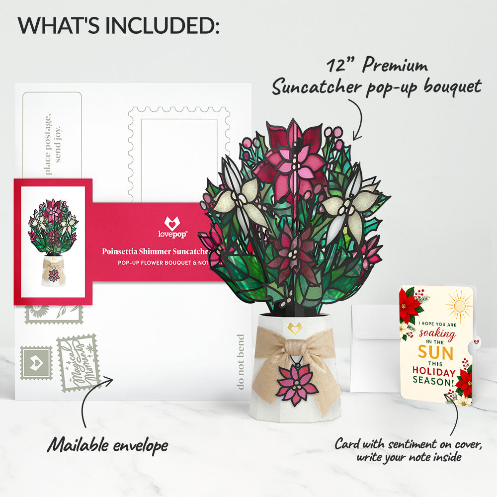 Poinsettia Shimmer Christmas Suncatcher Bouquet and Soaking Sun Sentiment Set