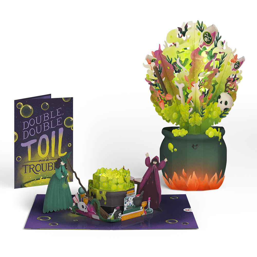 Toil and Trouble Halloween Cauldron Music and Lights Pop-Up Card & Bouquet Bundle