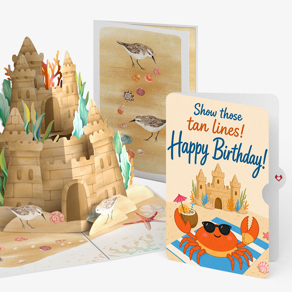 Seaside Sandcastle Birthday Pop-Up Card and Sunbathing Crab Sentiment Set