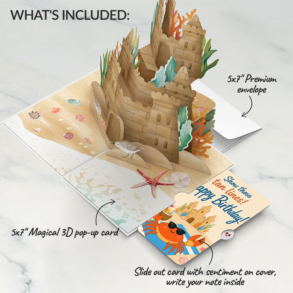 Seaside Sandcastle Birthday Pop-Up Card and Sunbathing Crab Sentiment Set