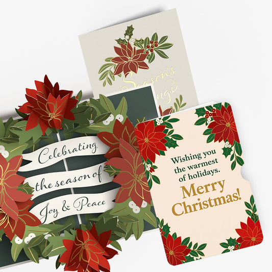 Season's Greetings Poinsettia Wreath Christmas Pop-Up Card and Warm Holiday Wishes Sentiment Set