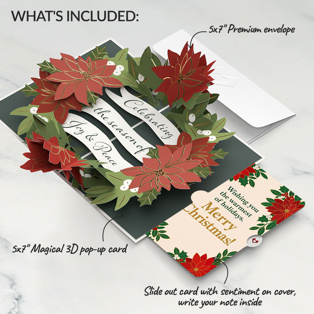 Season's Greetings Poinsettia Wreath Christmas Pop-Up Card and Warm Holiday Wishes Sentiment Set