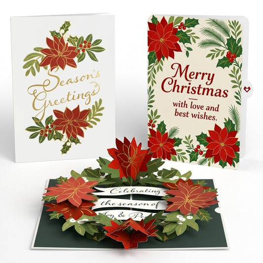 Season's Greetings Poinsettia Wreath Christmas Pop-Up Card and Best Wishes Sentiment Set