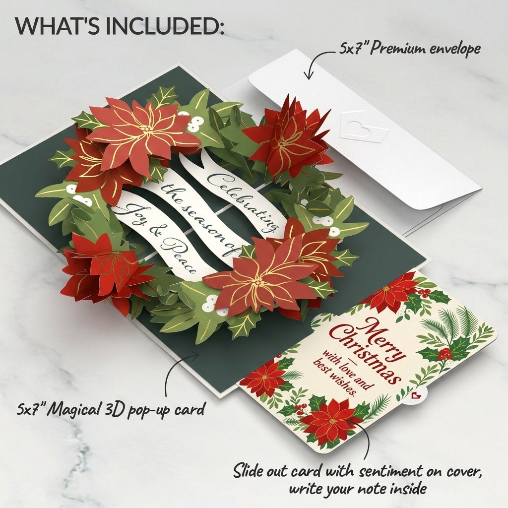 Season's Greetings Poinsettia Wreath Christmas Pop-Up Card and Best Wishes Sentiment Set