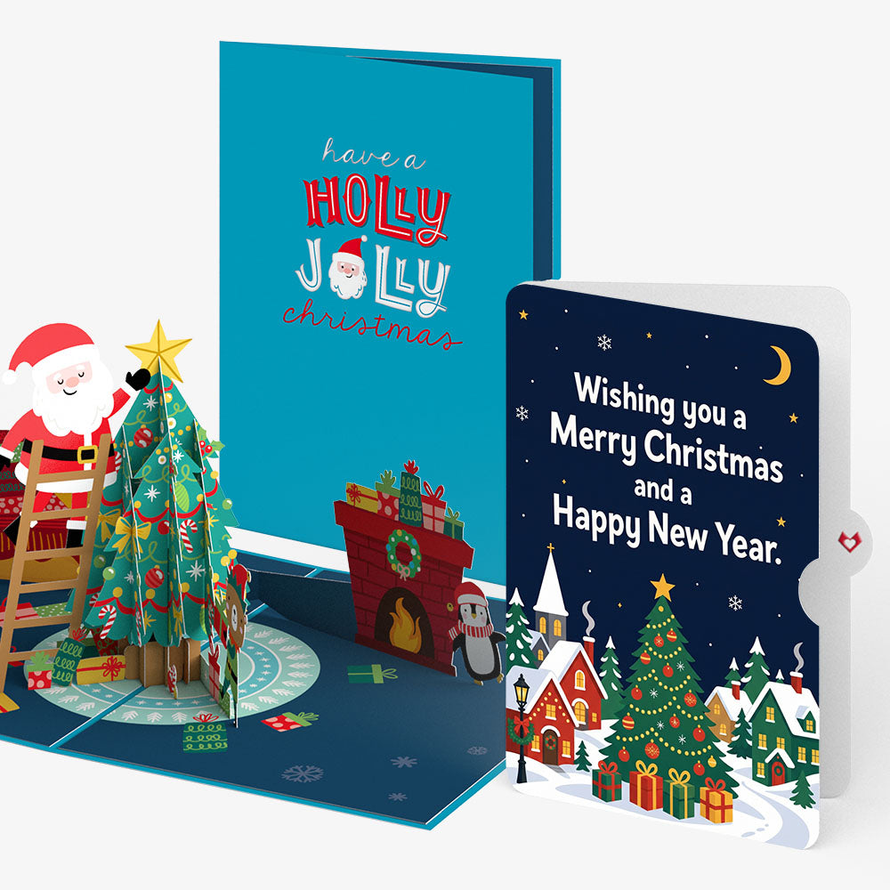 Santa Decorating a Christmas Tree Pop-Up Card and Holiday Village Sentiment Set