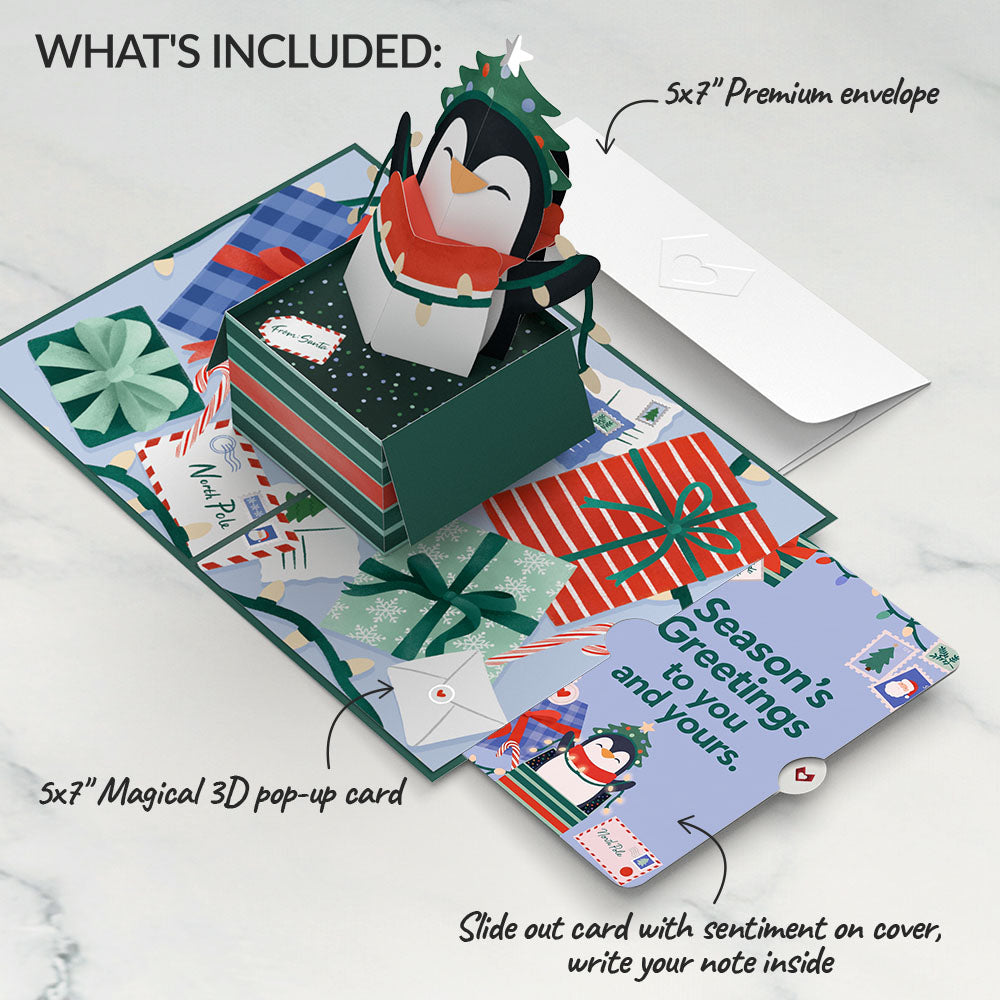 Season's Greetings Penguin Surprise Christmas Pop-Up Card and Holiday Penguin Sentiment Set