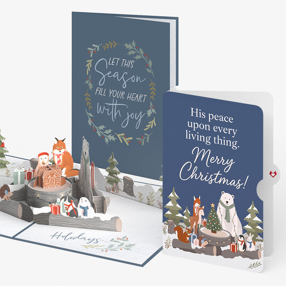 Holiday Woodland Animals Christmas Pop-Up Card and His Peace Sentiment Set