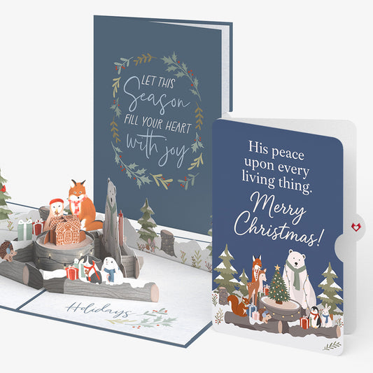 Holiday Woodland Animals Christmas Pop-Up Card and His Peace Sentiment Set