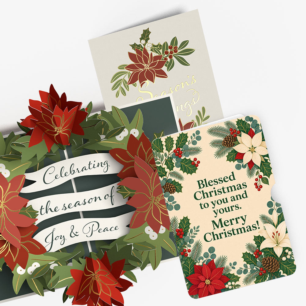 Season's Greetings Poinsettia Wreath Christmas Pop-Up Card and Holly Botanicals Sentiment Set