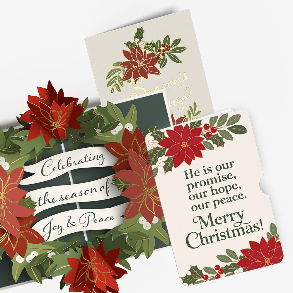 Season's Greetings Poinsettia Wreath Christmas Pop-Up Card and Promise Hope Peace Sentiment Set