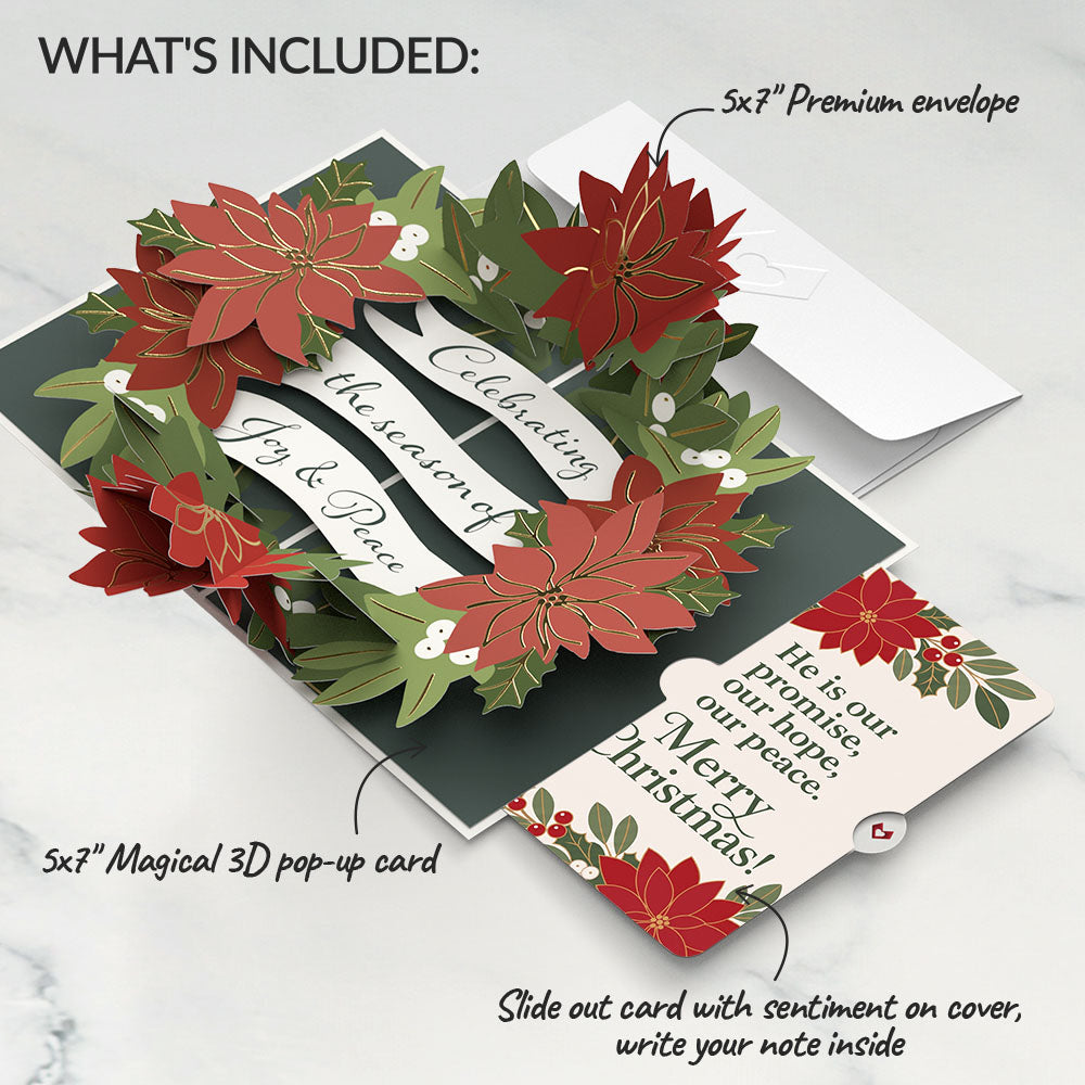 Season's Greetings Poinsettia Wreath Christmas Pop-Up Card and Promise Hope Peace Sentiment Set