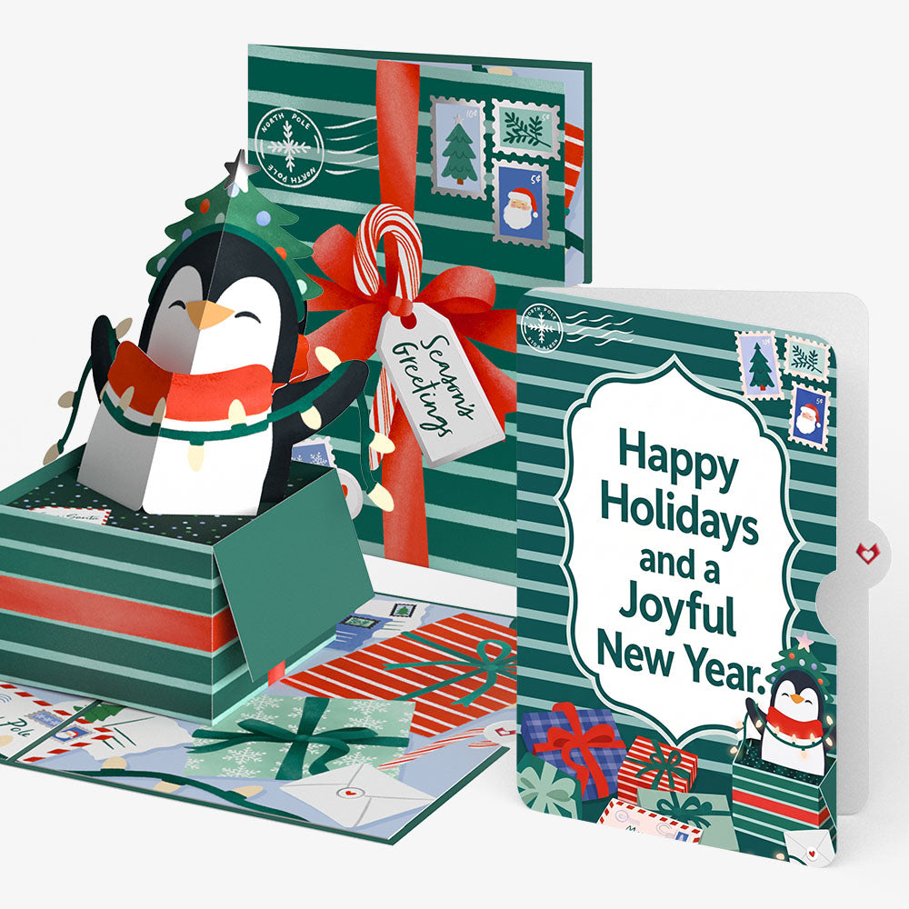 Season's Greetings Penguin Surprise Christmas Pop-Up Card and Joyful New Year Sentiment Set