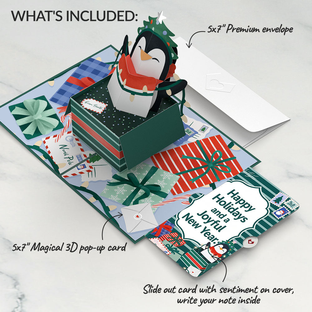 Season's Greetings Penguin Surprise Christmas Pop-Up Card and Joyful New Year Sentiment Set