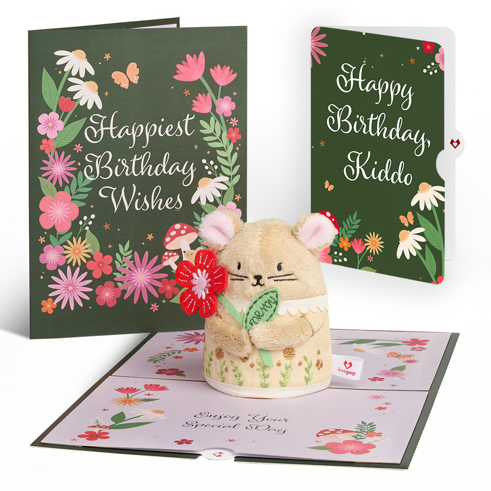 'Happiest Birthday Wishes' Floral Field Mouse Plushpop Card and Sentiment Set for Kid