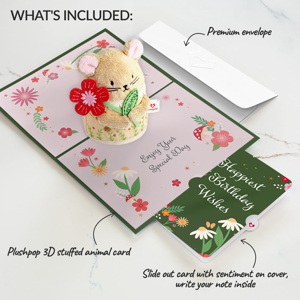 'Happiest Birthday Wishes' Floral Field Mouse Plushpop Card and Sentiment Set