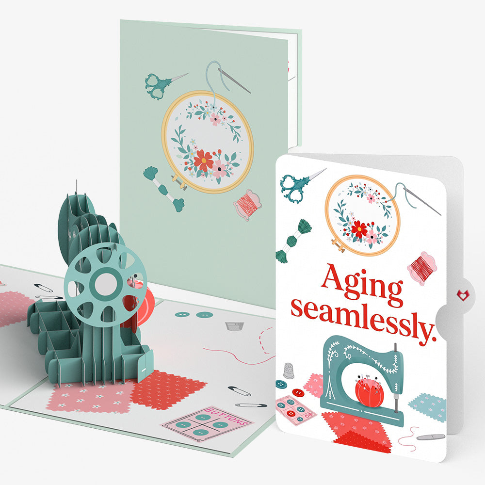 Classic Sewing Machine Birthday Pop-Up Card and Aging Seamlessly Sentiment Set