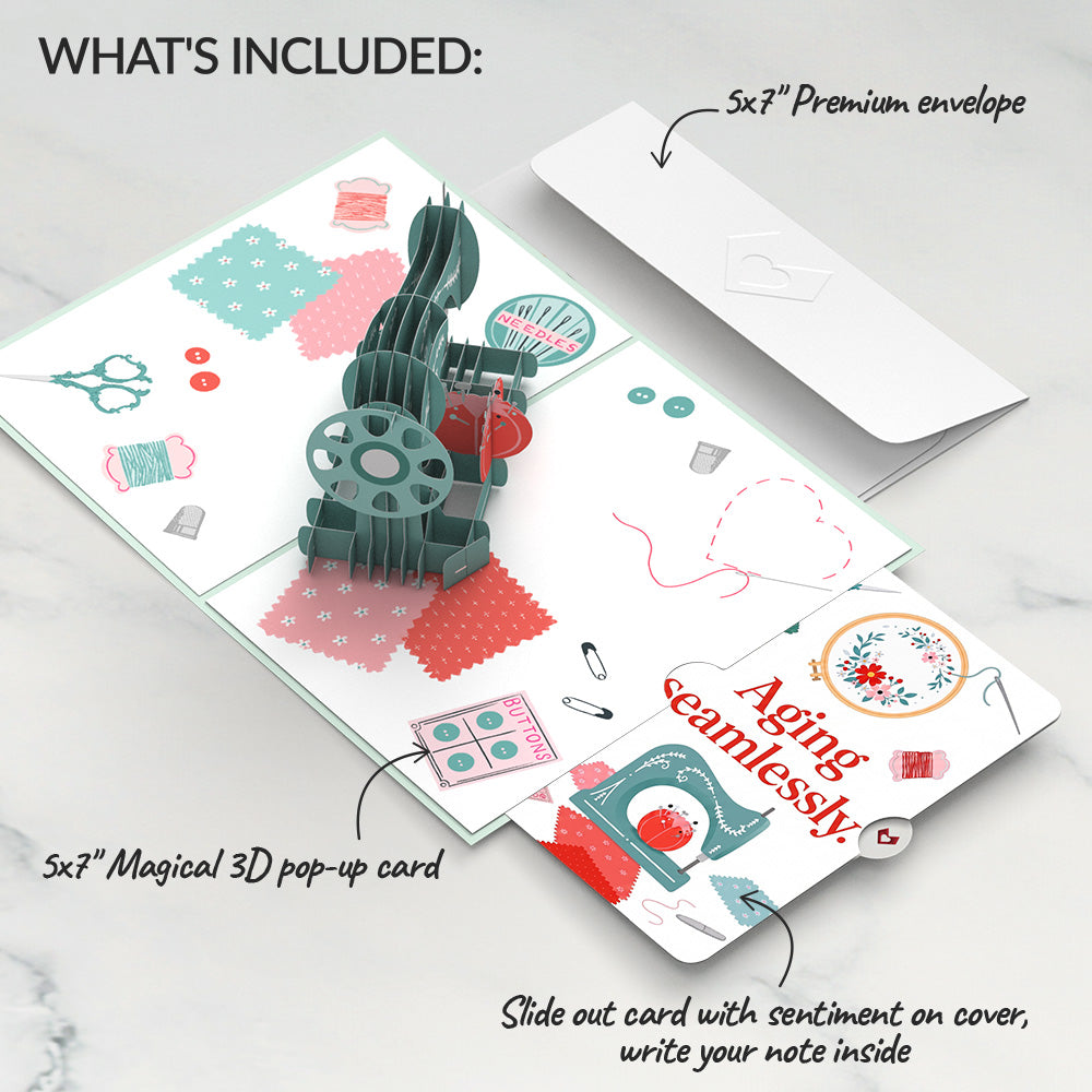 Classic Sewing Machine Birthday Pop-Up Card and Aging Seamlessly Sentiment Set