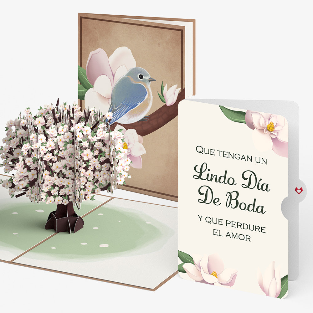 Pink Magnolia Tree Weddings Pop-Up Card and Spanish Lasting Love Sentiment Set