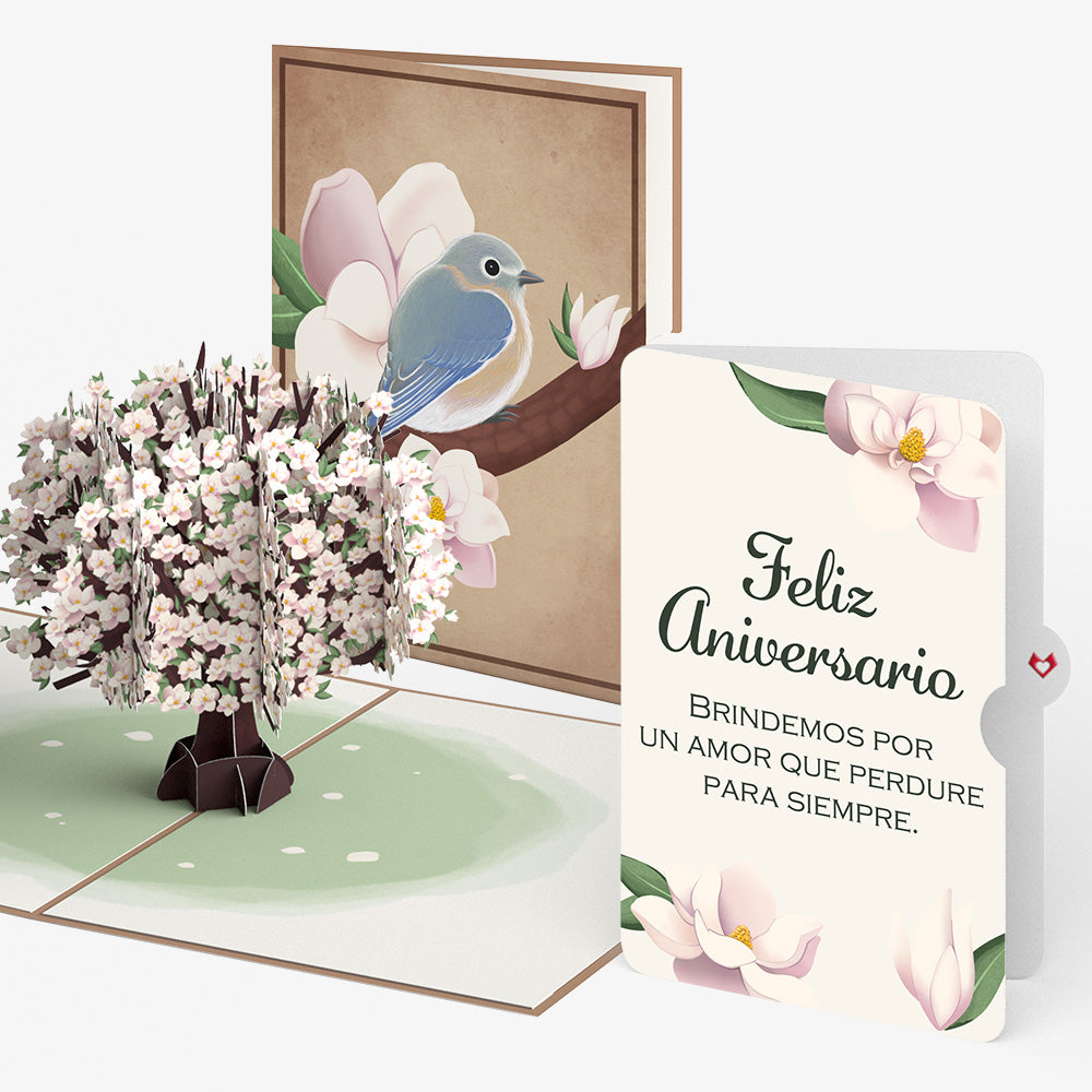Pink Magnolia Tree Anniversary Pop-Up Card and Spanish Love Forever Sentiment Set