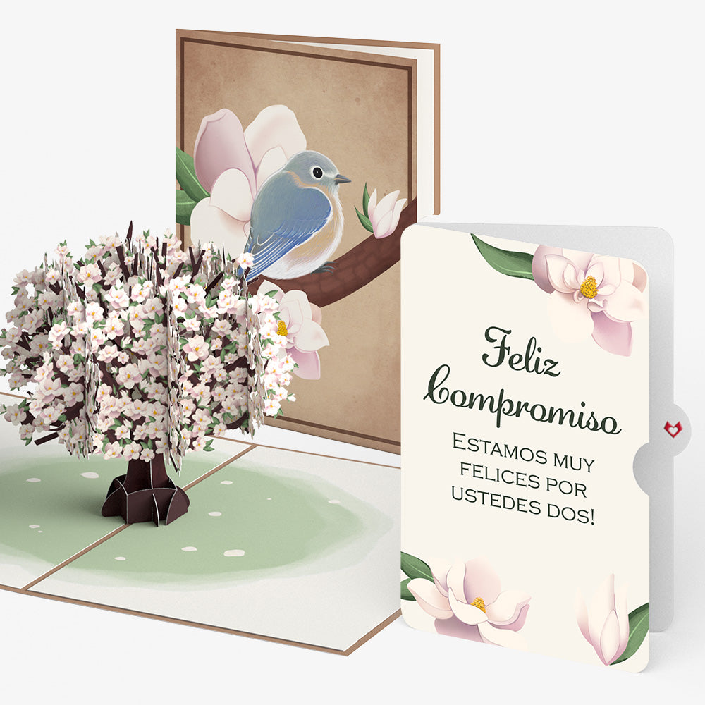 Pink Magnolia Tree Engagements Pop-Up Card and Spanish Celebrating Your Love Sentiment Set