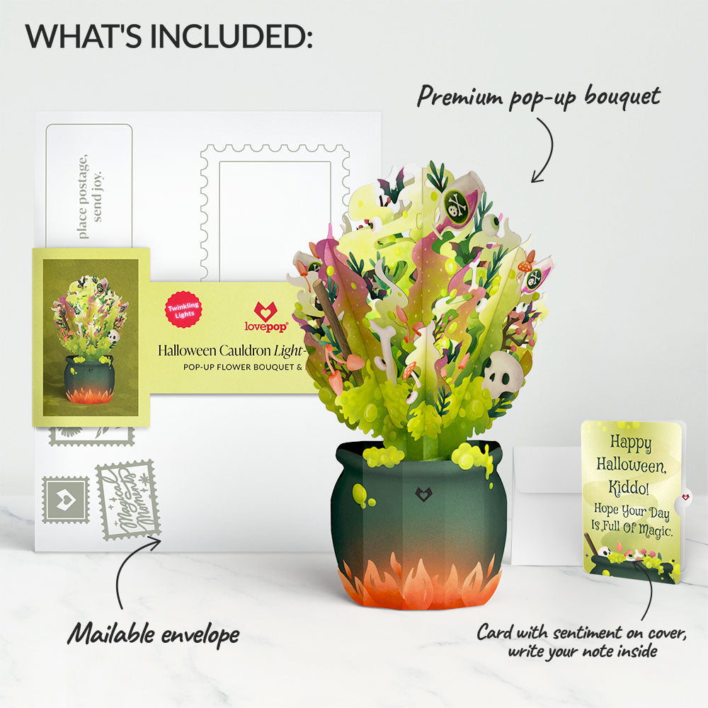 Halloween Cauldron Light-Up Bouquet and Full of Magic Sentiment Set for Kid