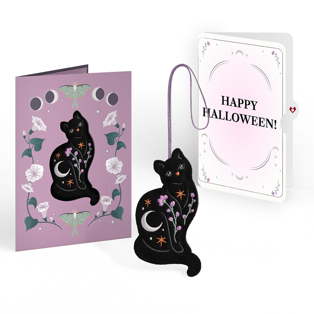Mystic Black Cat Halloween HeartFelt Charm Card™ and Moonlit Florals Sentiment Set