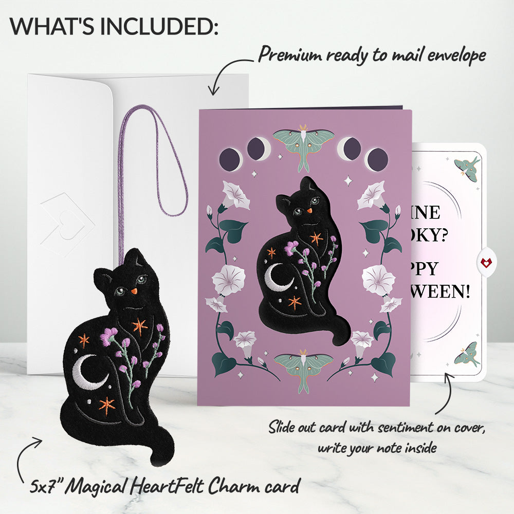 Mystic Black Cat Halloween HeartFelt Charm Card™ and Feline Spooky Sentiment Set
