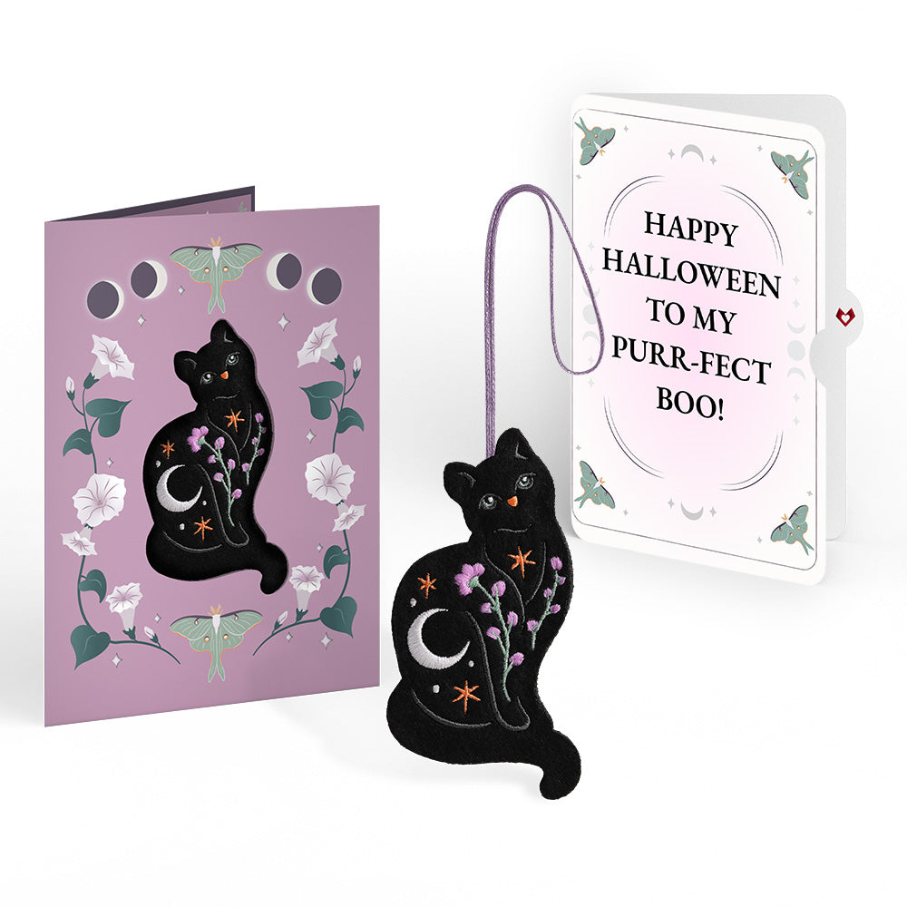 Mystic Black Cat Halloween HeartFelt Charm Card™ and Purr-fect Boo Sentiment Set