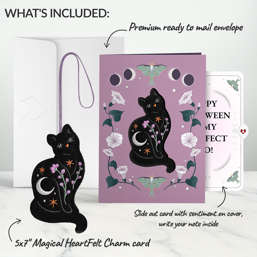 Mystic Black Cat Halloween HeartFelt Charm Card™ and Purr-fect Boo Sentiment Set
