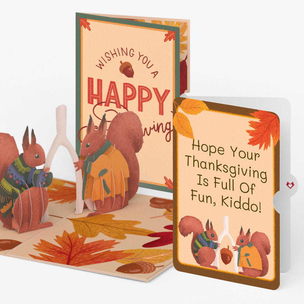 Woodland Happy Thanksgiving Wishbone Pop-Up Card and Full of Fun Sentiment Set for Kid