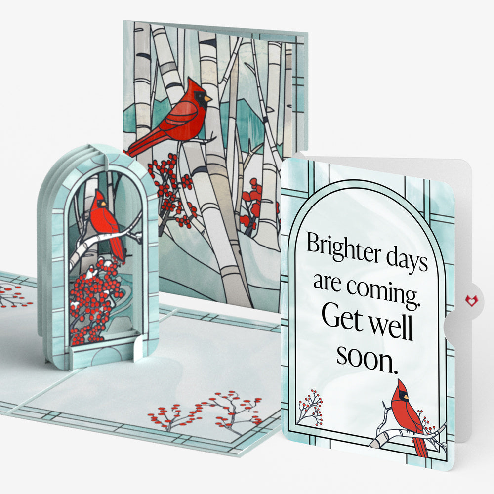Stained Glass Winter Cardinal Get Well Pop-Up Card and Brighter Days Ahead Sentiment Set
